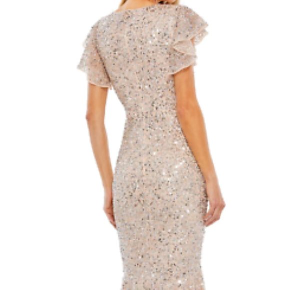 MAC DUGGAL 10801 SEQUINED V-NECK FLUTTER SLEEVE NUDE/SILVER MIDI TRUMPET DRESS 6 - Picture 2 of 6
